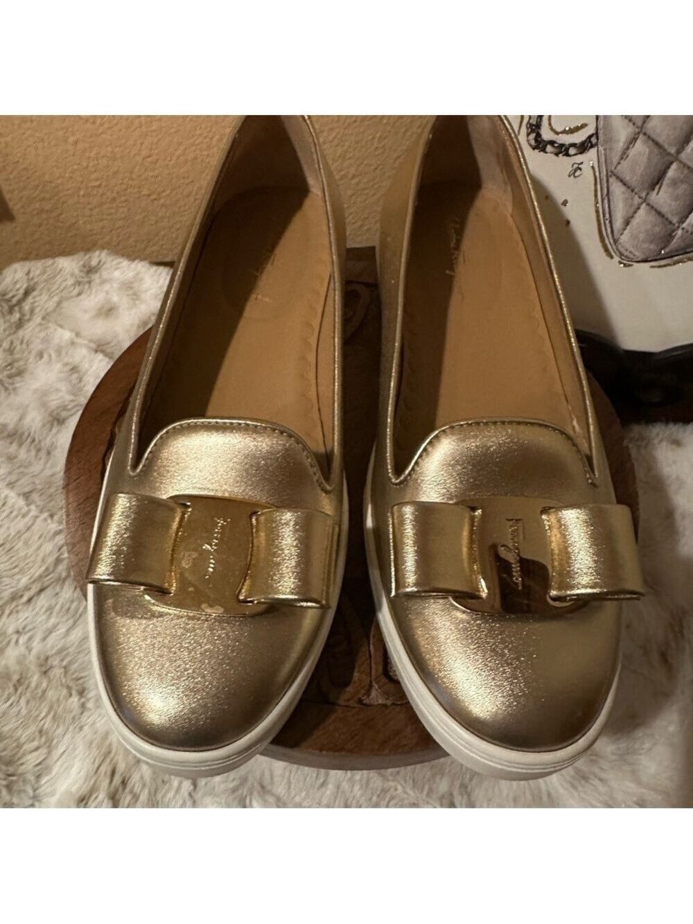 Salvatore Ferragamo Gold Slip On Sneakers Size 7